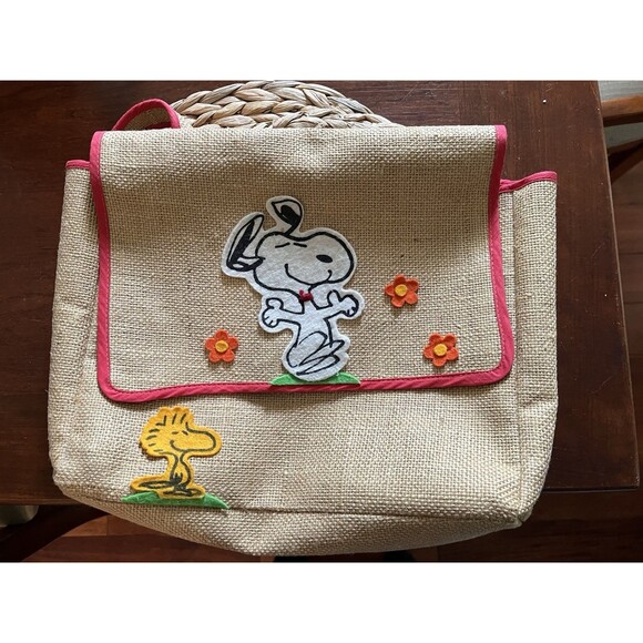 Peanuts Handbags - Vintage 1972 peanuts Snoopy Woodstock burlap tote ,Charles Schultz retro hippie